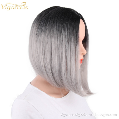 High quality wholesale premium vendor ombre silver short straight wavy hair synthetic heat resistant wig lace front black women
